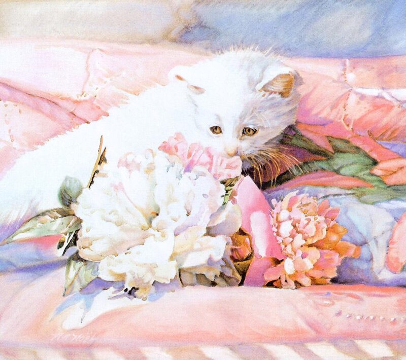 White Kitten with Flowers — Pink, Calm
