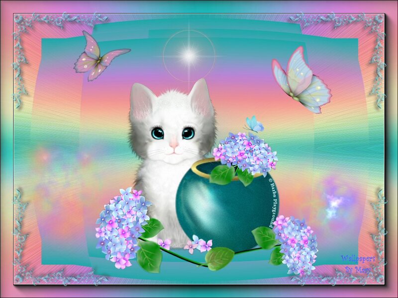 White Kitten with Flowers — Pink, Dreamy