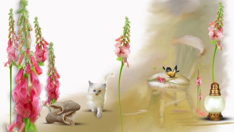 White Kitten with Flowers — Pink