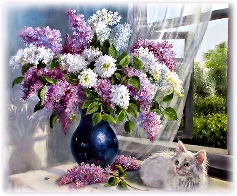 White Kitten with Lilacs — Purple