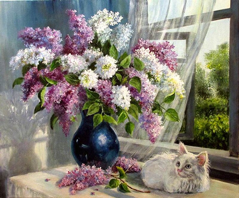 White Kitten with Lilacs