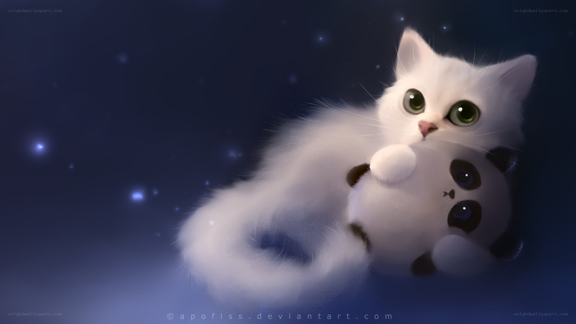 White kitten with panda toy