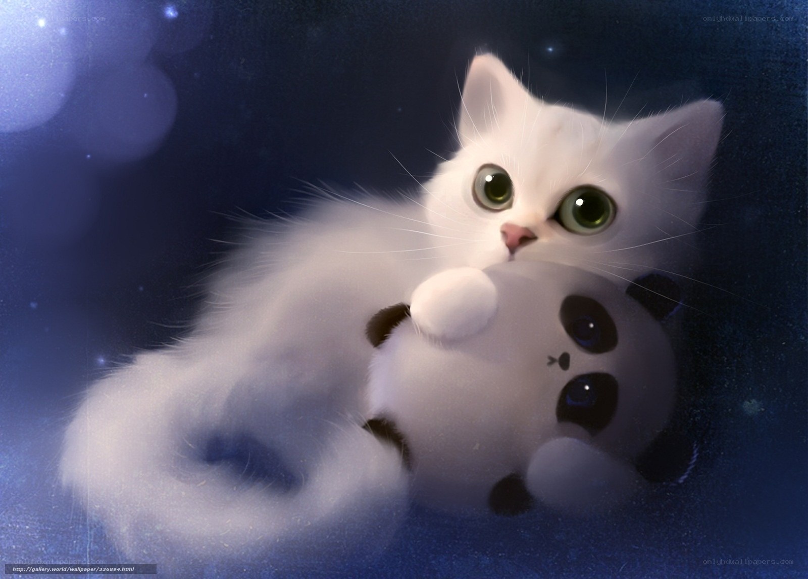 White kitten with panda toy
