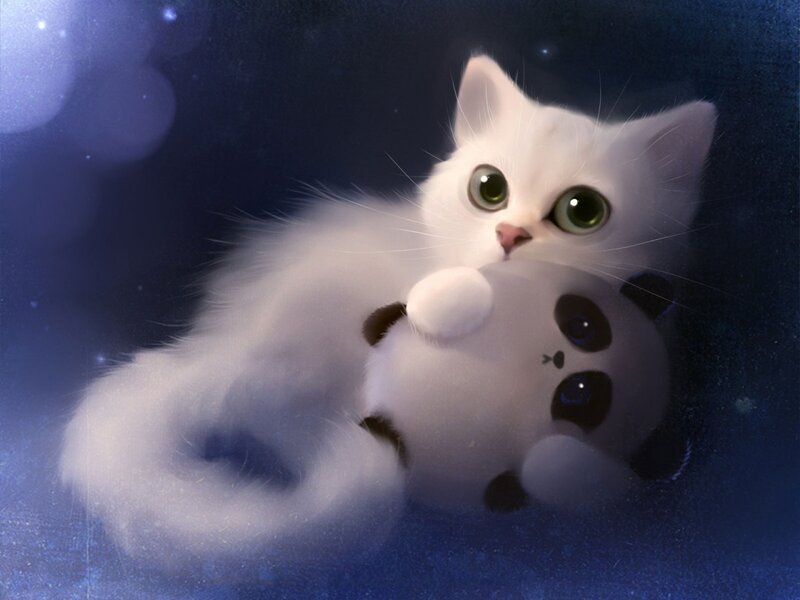 White Kitten with Toy — Blue, Serene, Night