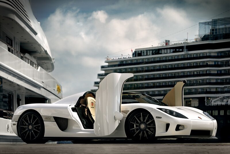 White Koenigsegg CCX by cruise ship
