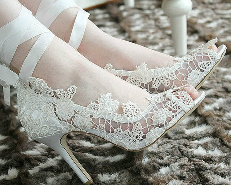 White Lace Wedding Shoes — Elegant, Photograph