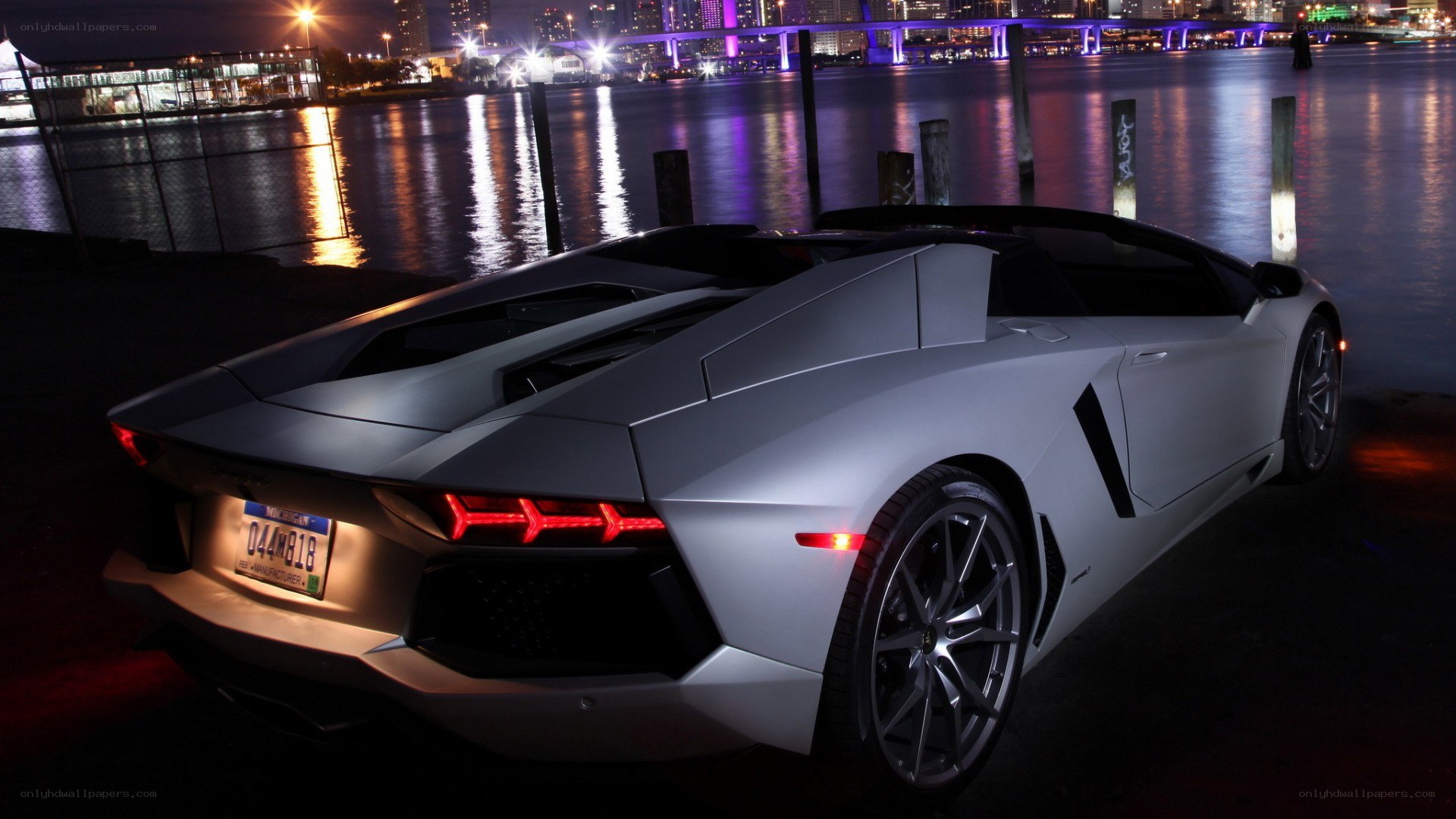 White Lamborghini at night by water