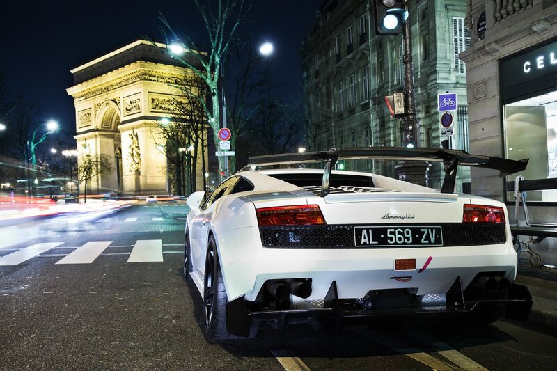 White Lamborghini at night in Paris