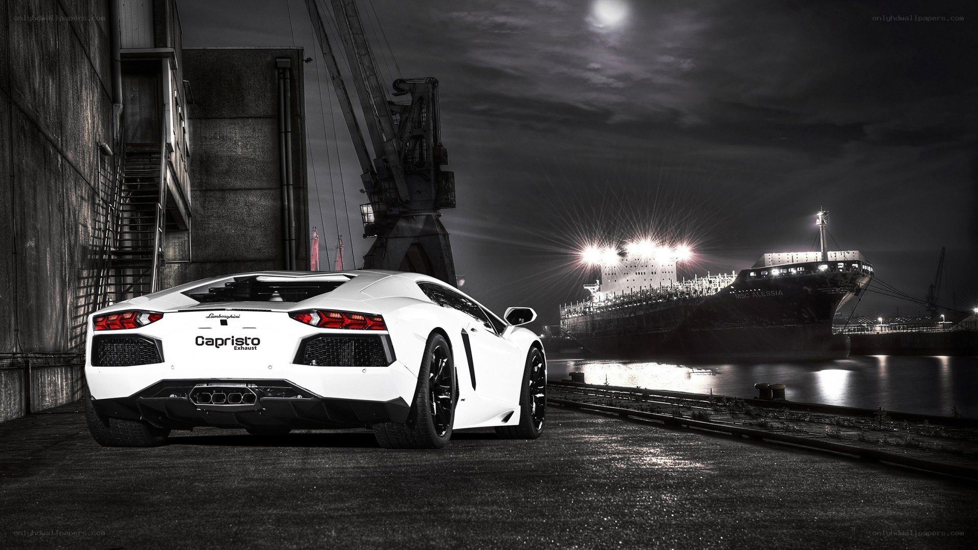 White Lamborghini at port