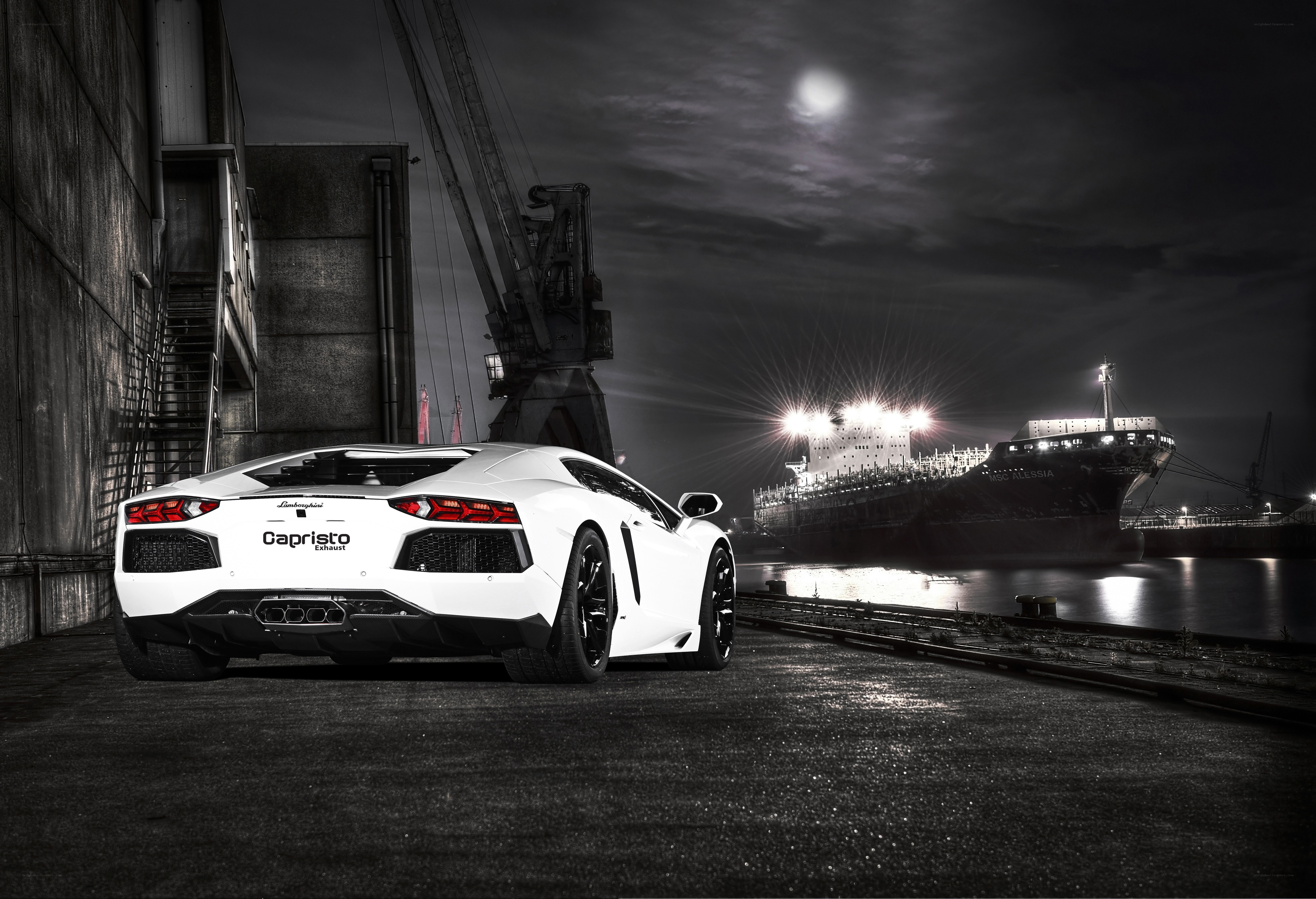 White Lamborghini at port
