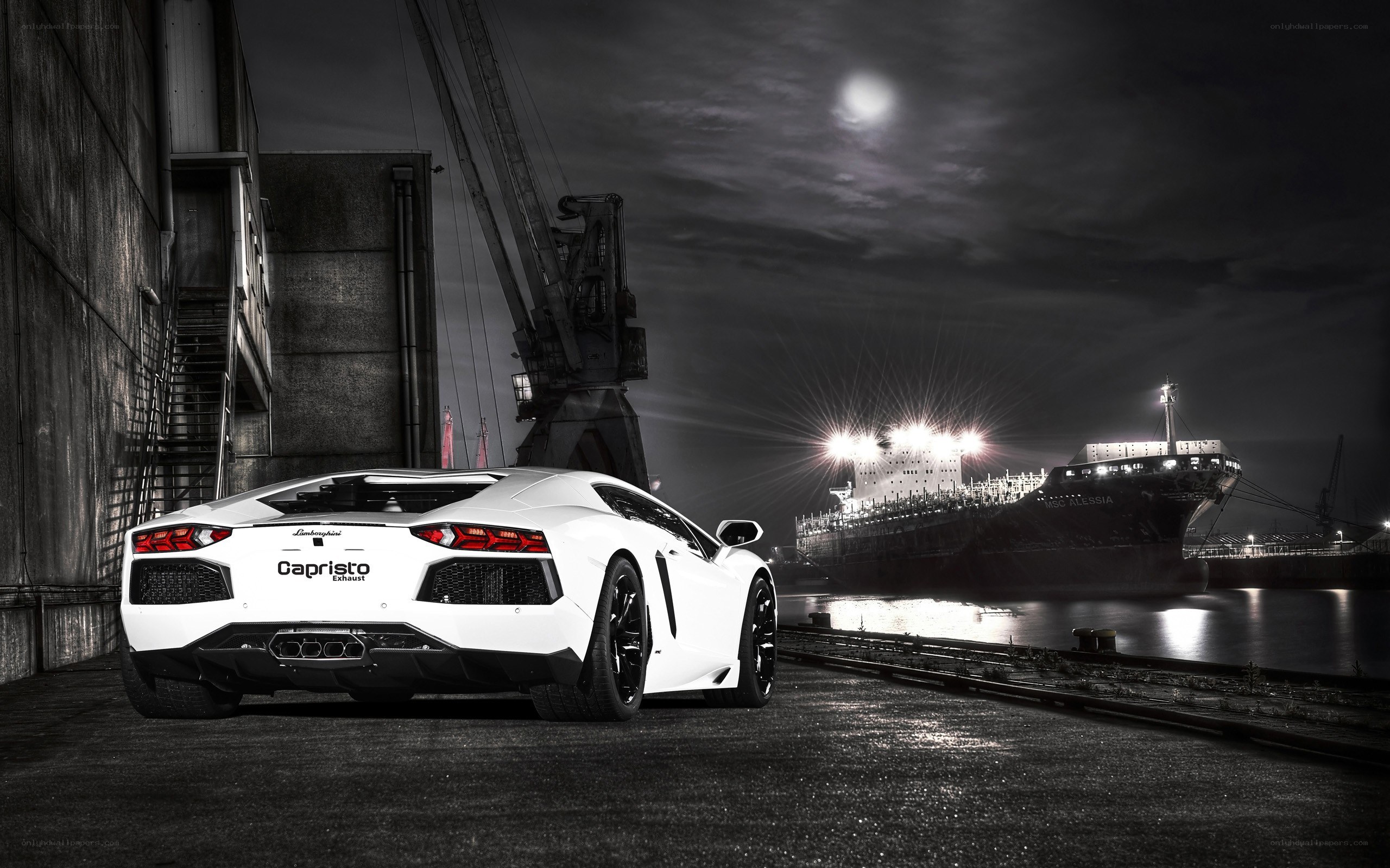 White Lamborghini at port