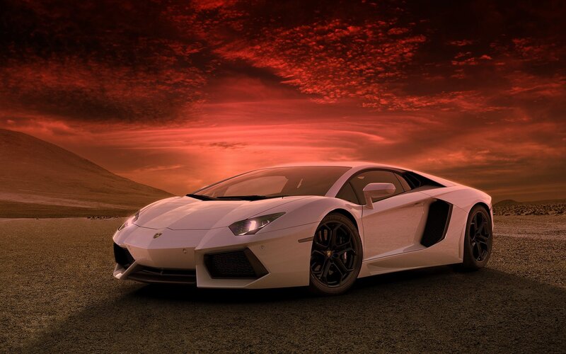 White Lamborghini at sunset