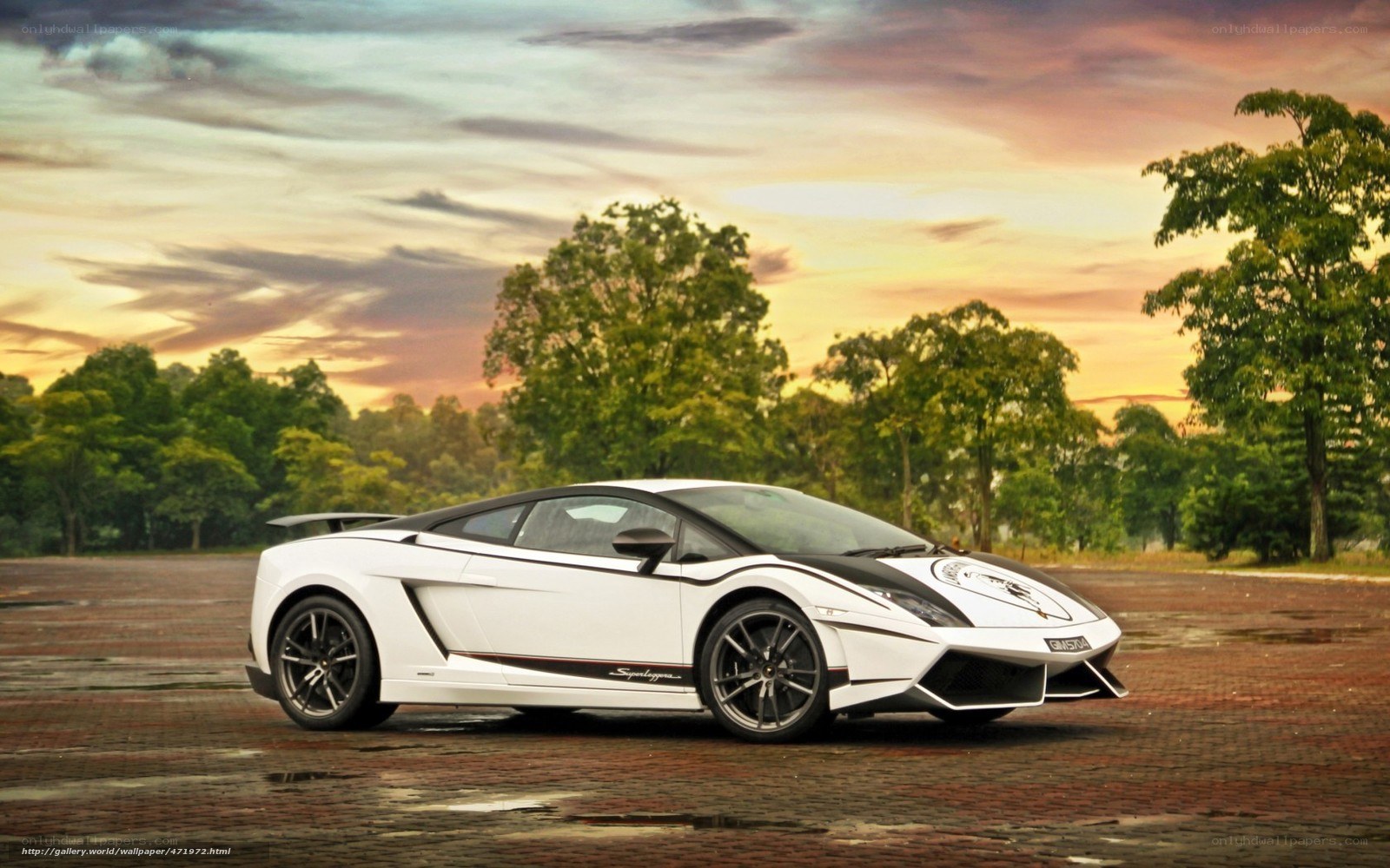 White Lamborghini at sunset