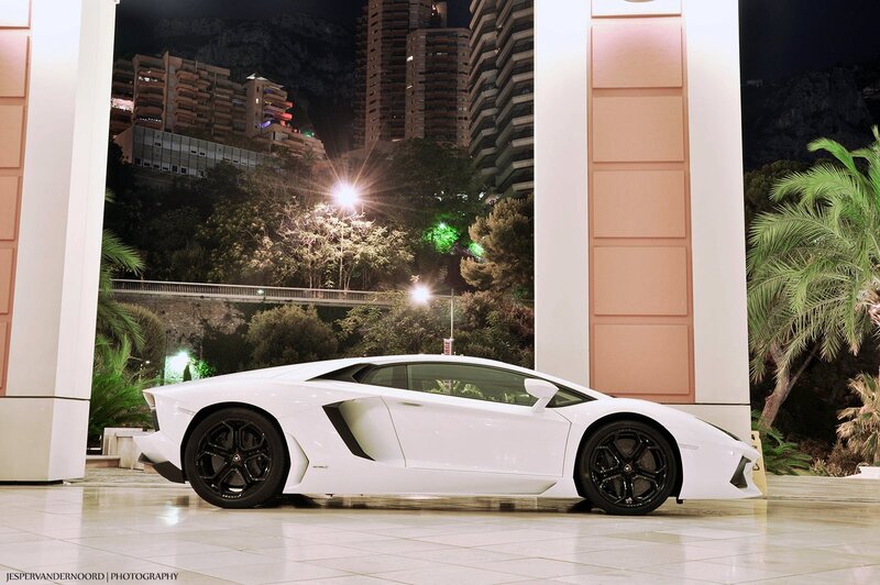 White Lamborghini Aventador at night