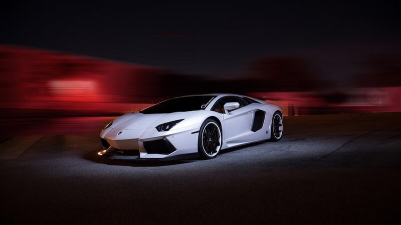 White Lamborghini Aventador at night