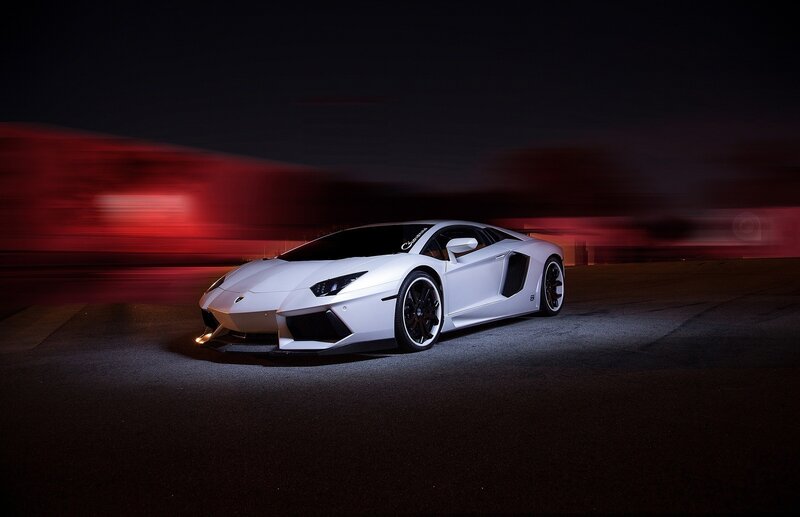 White Lamborghini Aventador at night