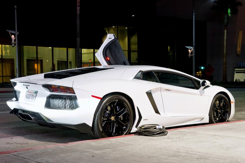 White Lamborghini Aventador at night