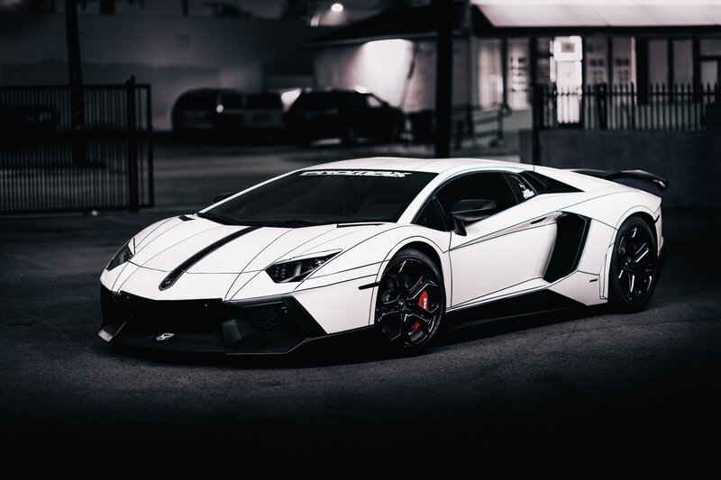 White Lamborghini Aventador — Dramatic, Night, Photograph, Car