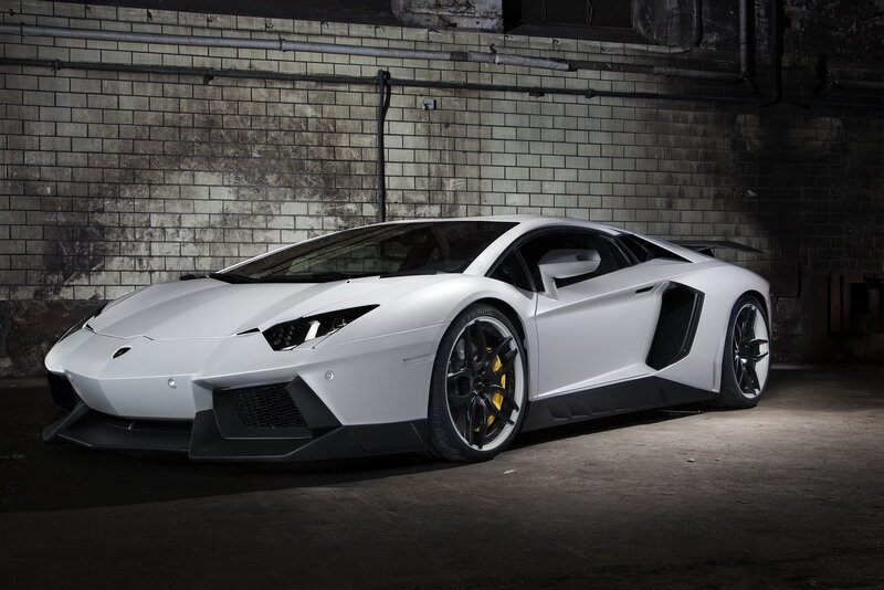 White Lamborghini Aventador — Dramatic, Photograph, Brick Wall