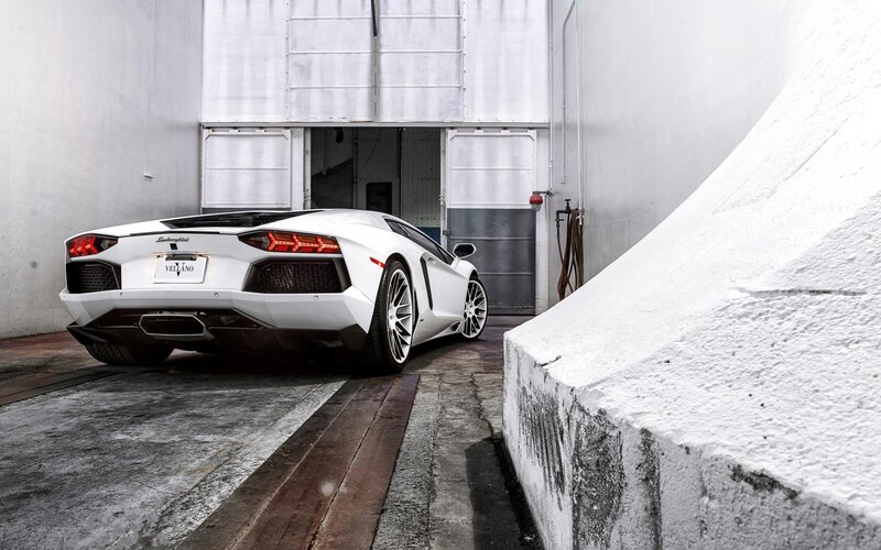 White Lamborghini Aventador — Dramatic, Photograph, Car, Garage, Concrete