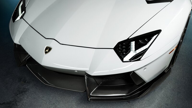 White Lamborghini Aventador — Dramatic, Photograph, Car, Headlight