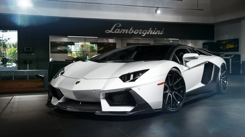 White Lamborghini Aventador — Dramatic, Photograph, Car Showroom