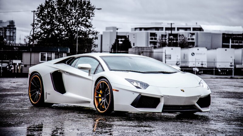 White Lamborghini Aventador — Dramatic, Photograph, Car, Wet Pavement, Buildings