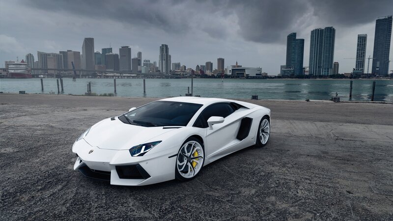 White Lamborghini Aventador — Dramatic, Photograph, City Skyline, River