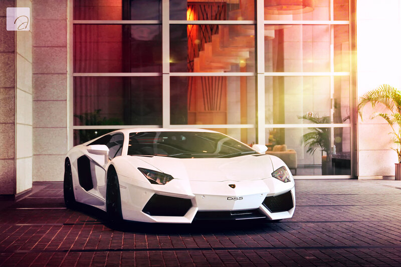 White Lamborghini Aventador — Dramatic, Sunset, Photograph, Building, Palm Tree