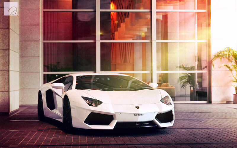 White Lamborghini Aventador — Dramatic, Sunset, Photograph, Building