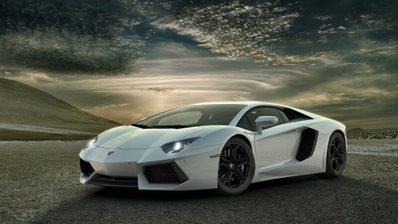 White Lamborghini Aventador — Dramatic, Sunset, Photograph, Car, Desert
