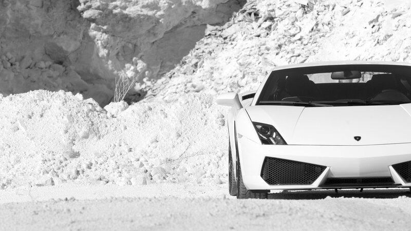 White Lamborghini Car — Black, Dramatic, Photograph, Snow