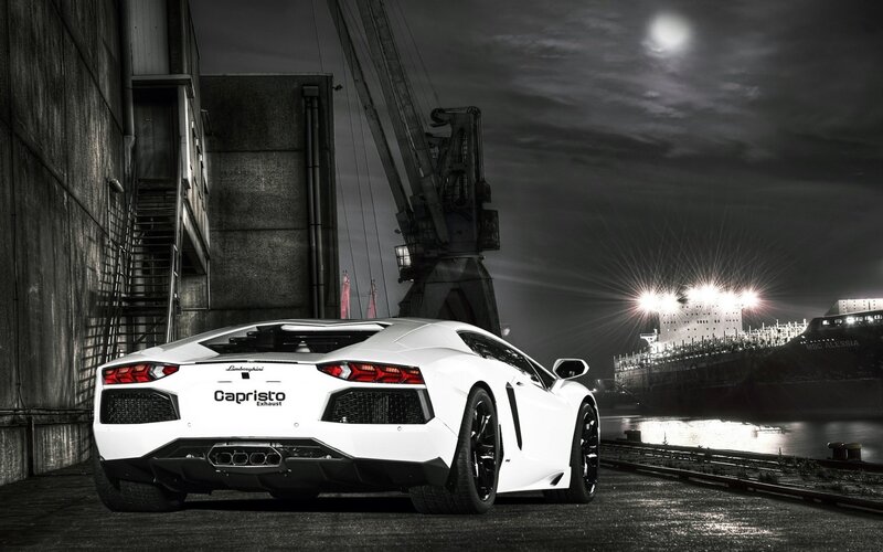 White Lamborghini Car — Dramatic, Night, Photograph, Crane