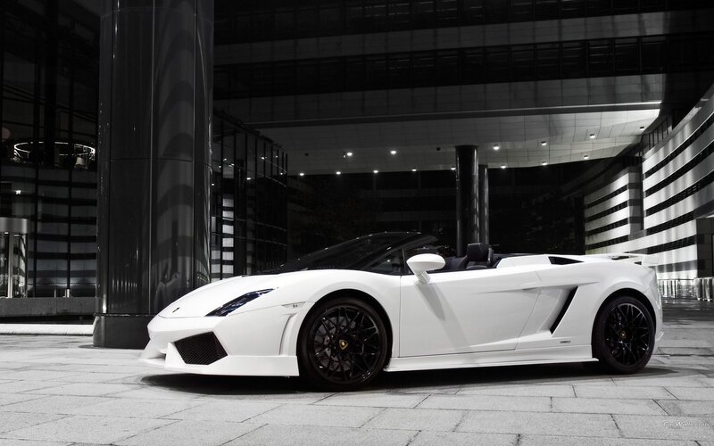 White Lamborghini Convertible — Dramatic, Night, Photograph, Building, City Street