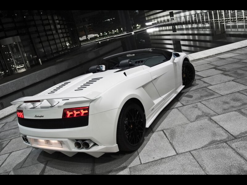 White Lamborghini Convertible — Dramatic, Night, Photograph, Car, City Street, Building
