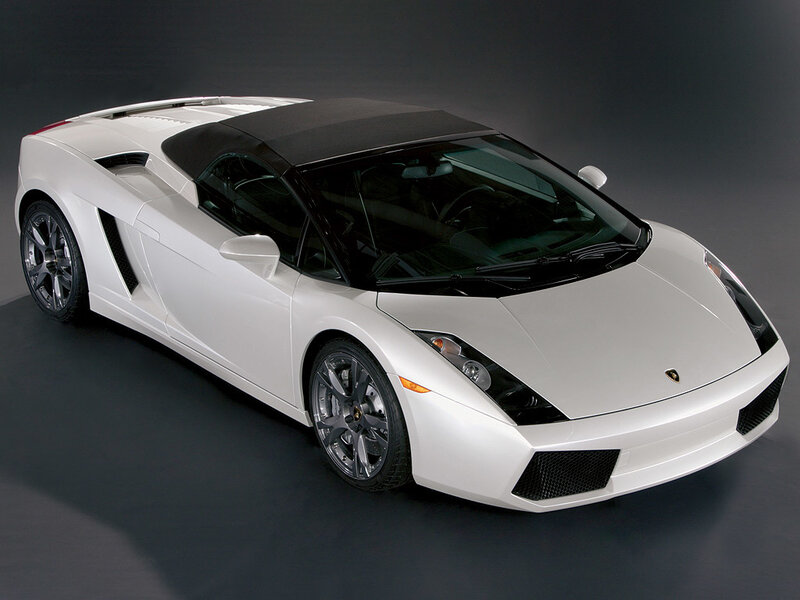 White Lamborghini Convertible — Dramatic, Photograph, Black Soft Top, Silver Wheels, Windshield