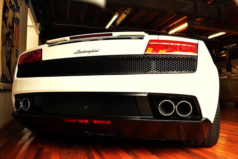 White Lamborghini Gallardo — Dramatic, Photograph, Car, Exhaust Pipes
