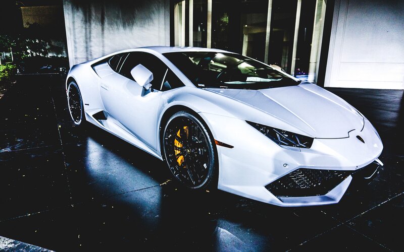 White Lamborghini Huracan — Dramatic, Night, Photograph, Car, Building