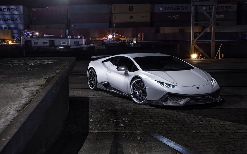 White Lamborghini Huracan — Dramatic, Night, Photograph, Shipping Containers