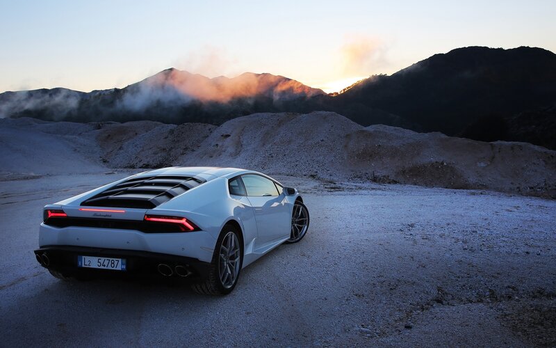 White Lamborghini Huracan — Dramatic, Sunset, Photograph