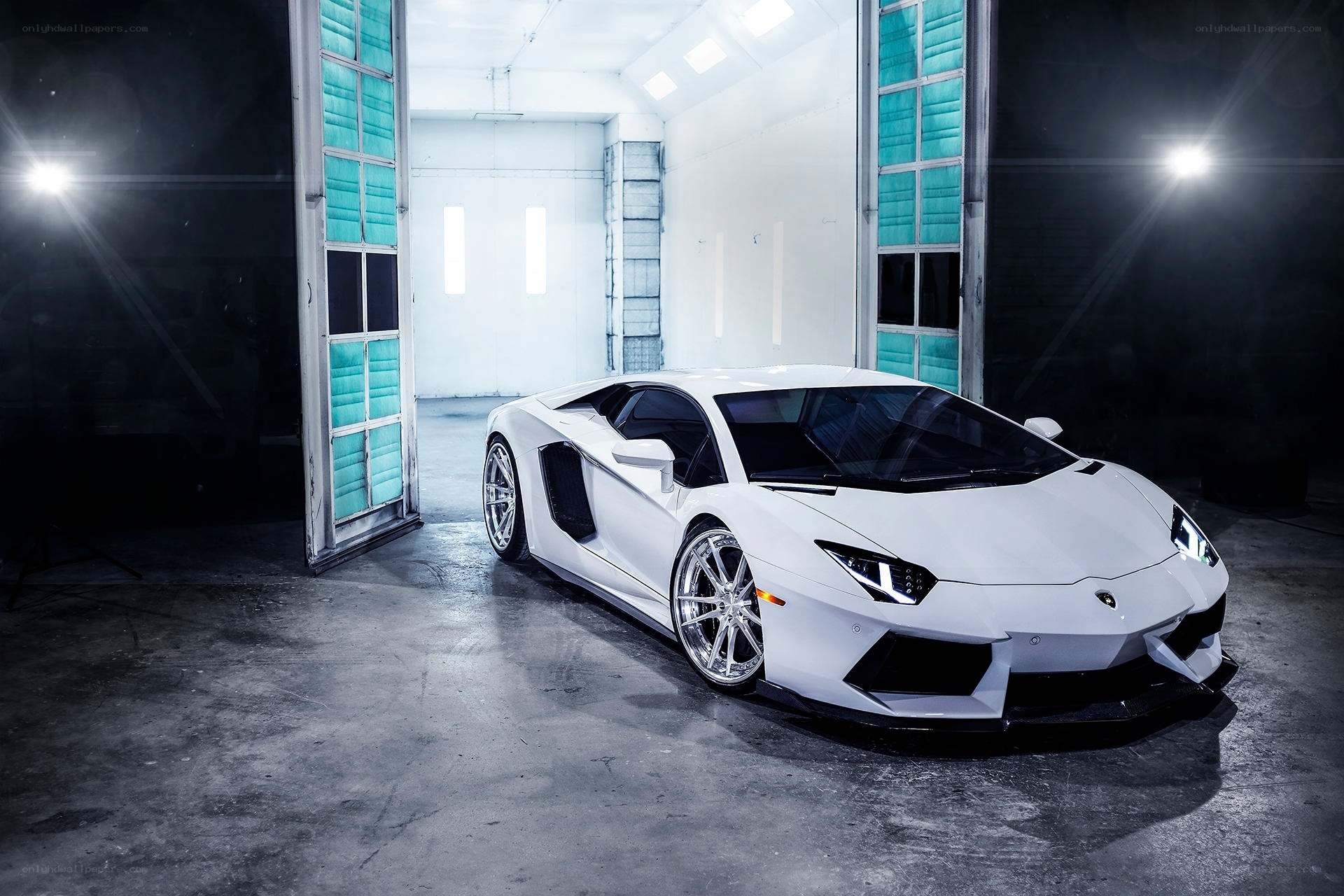 White Lamborghini in a garage