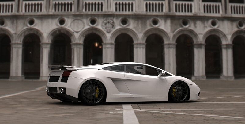 White Lamborghini in courtyard