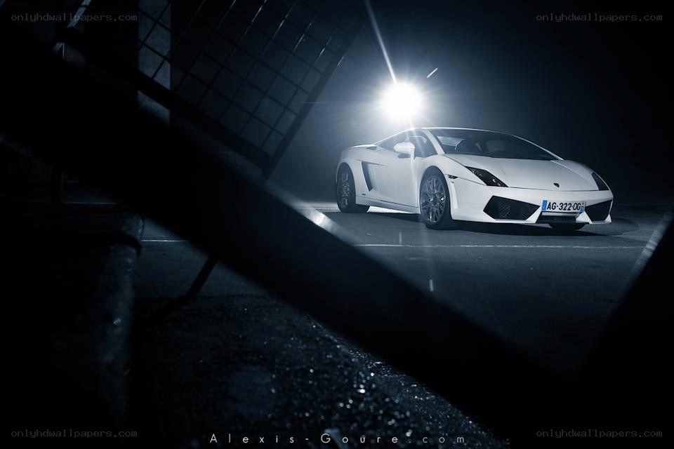 White Lamborghini in dark garage