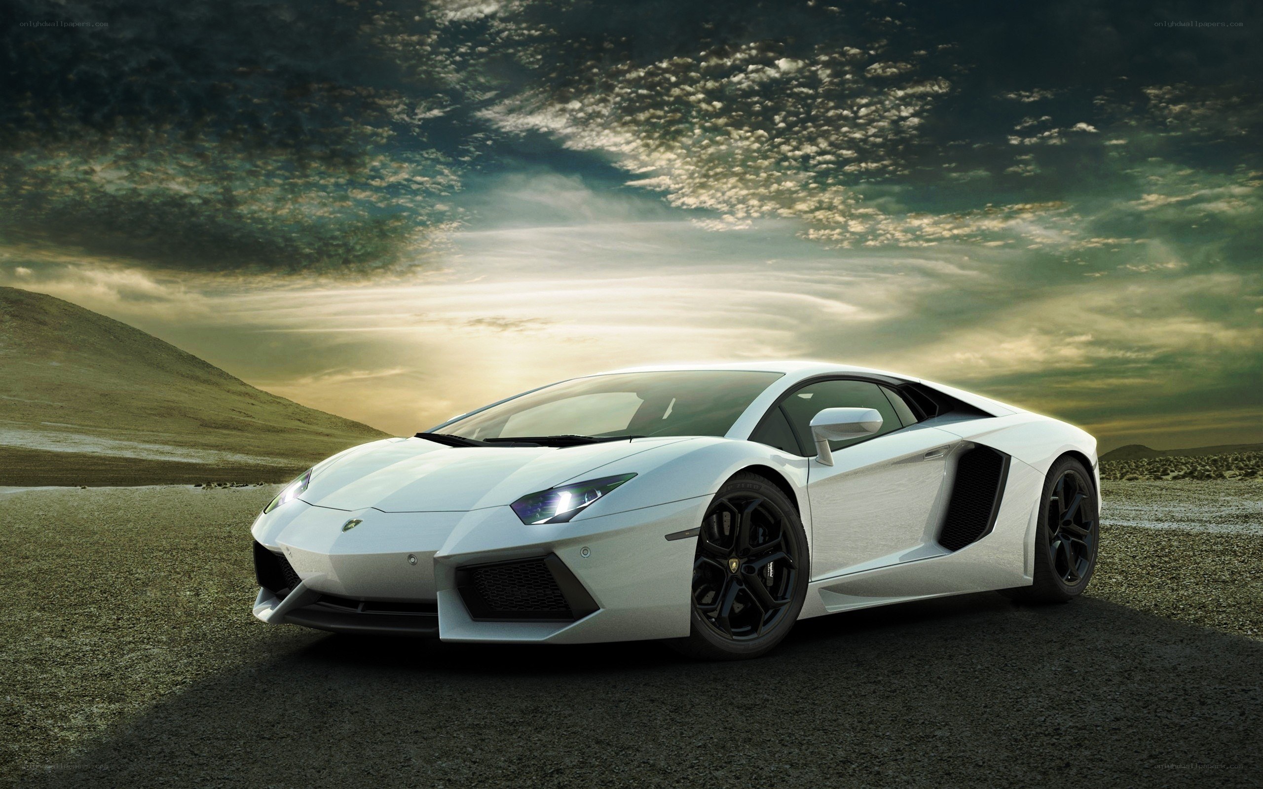 White Lamborghini in desert landscape