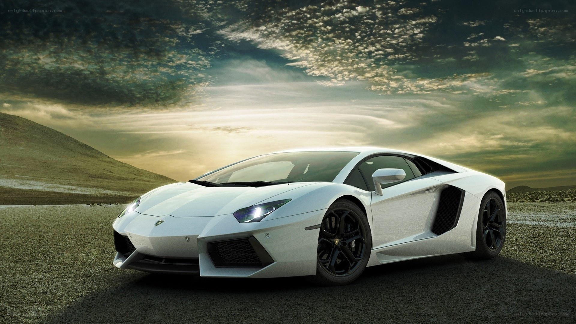 White Lamborghini in desert landscape