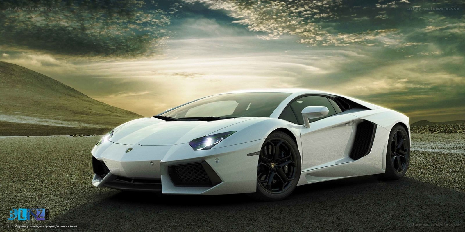 White Lamborghini in desert landscape