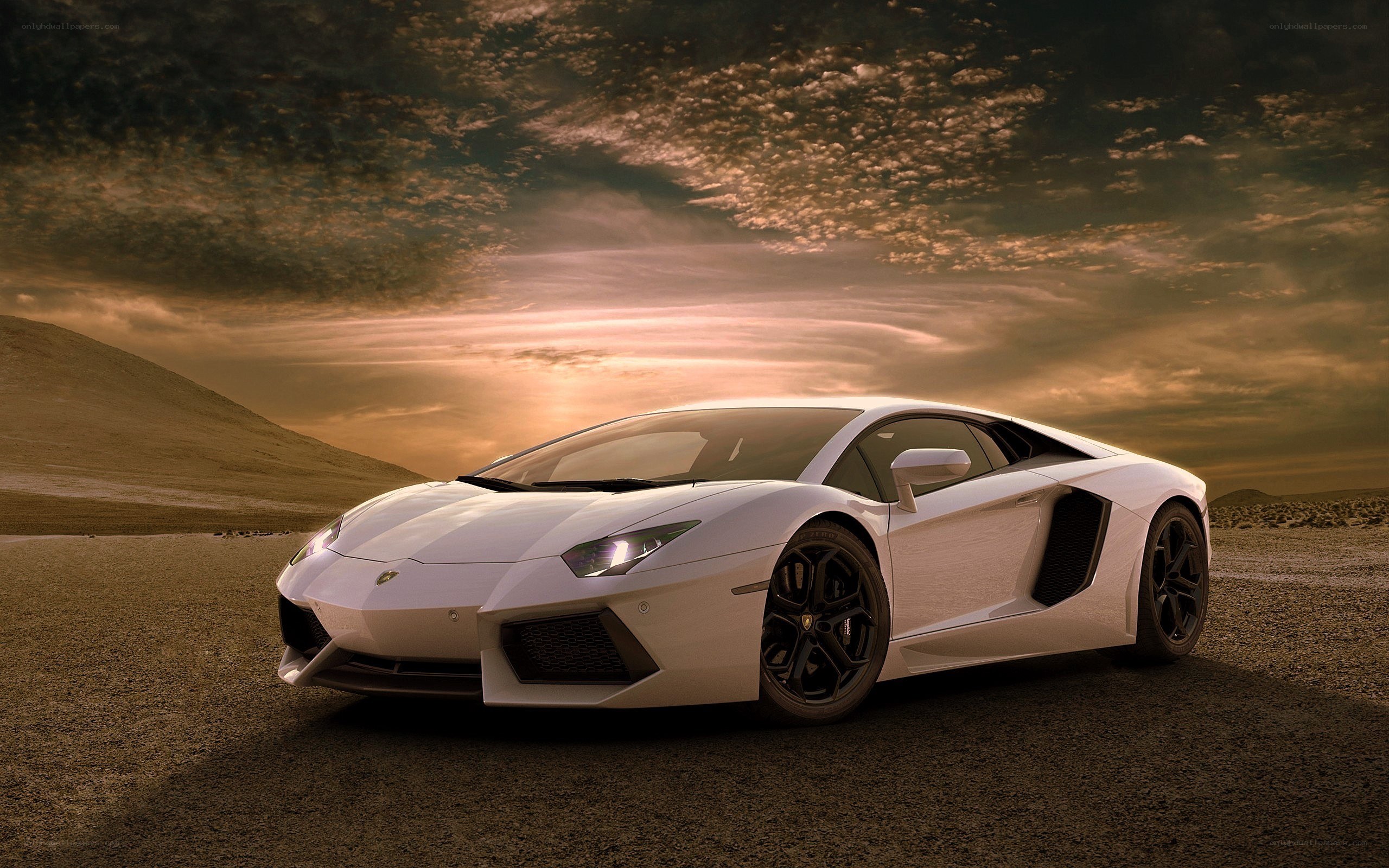 White Lamborghini in desert sunset