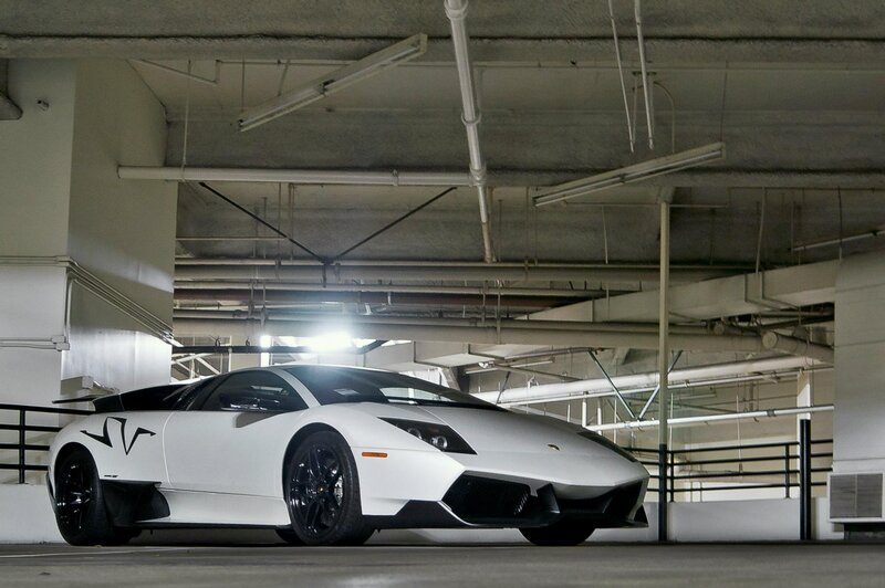 White Lamborghini in Garage — Dramatic, Photograph, Car, Ceiling