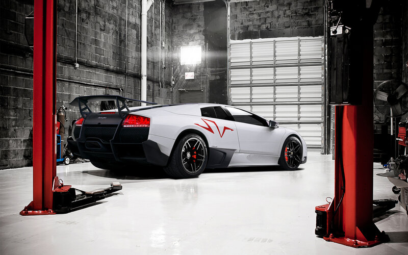 White Lamborghini in Garage — Dramatic
