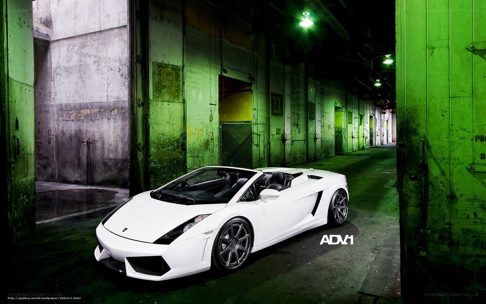 White Lamborghini in green warehouse